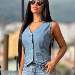 Colete Feminino Cropped Jeans Decote V